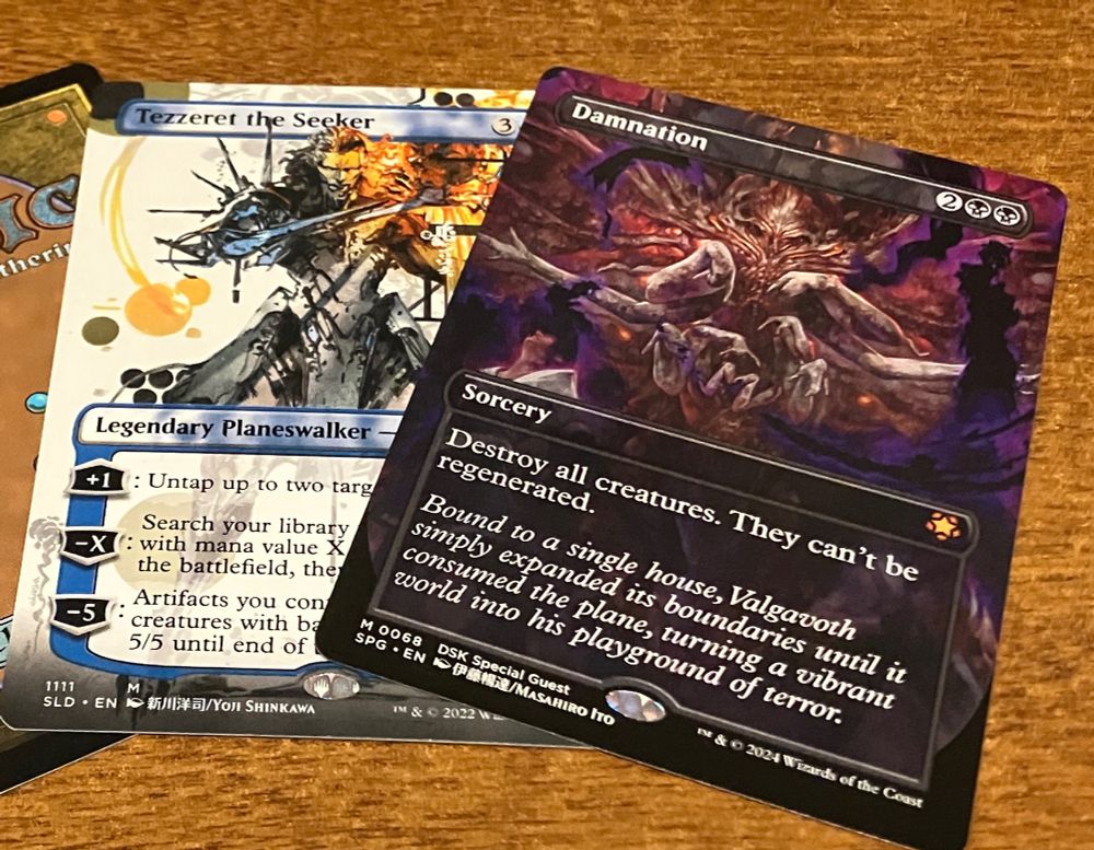 Magic the Gathering cards: Tezzeret the Seeker, art by Yoji Shinkawa; Damnation, art by Masahiro Ito