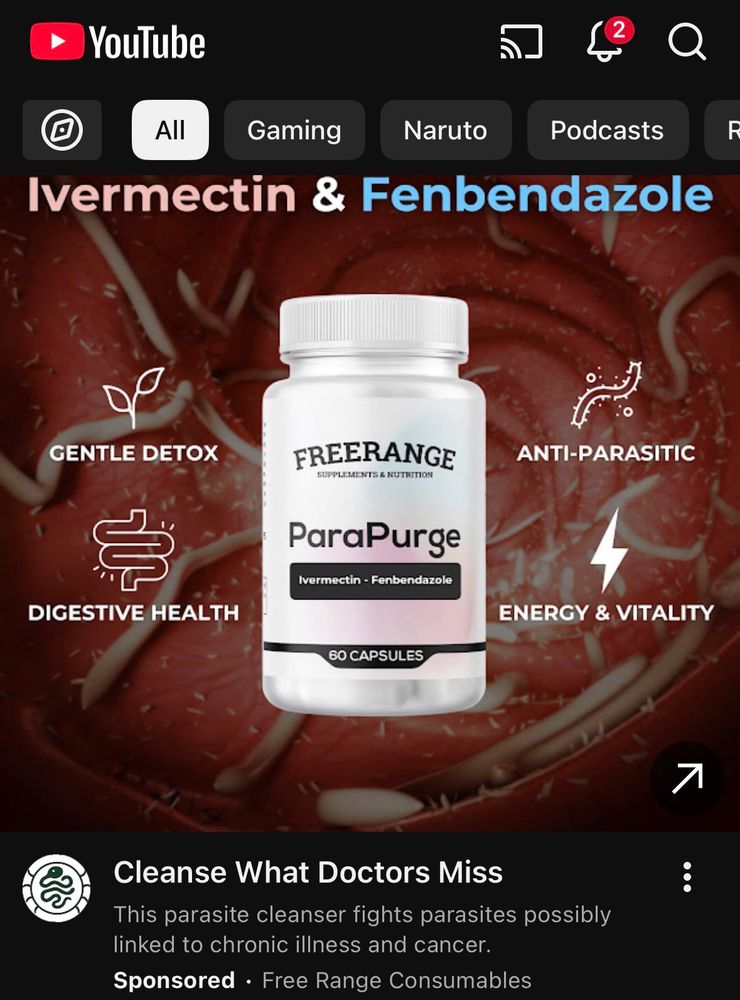 Screenshot of a YouTube advertisement of ParaPurge, a combination drug of ivermectin and fenbendazole being marketed as a parasite cleanser.