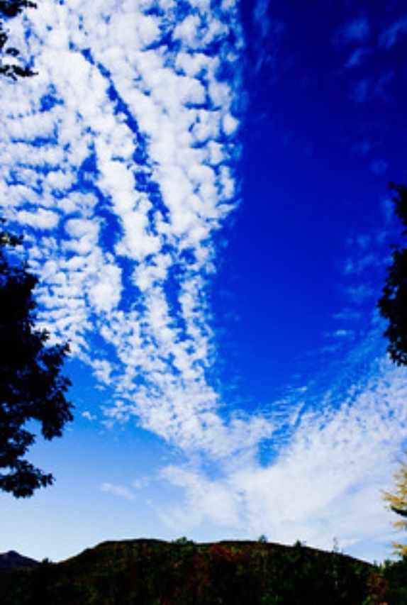 sky and clouds over low mtn peaks, tree branches in the shadow margins