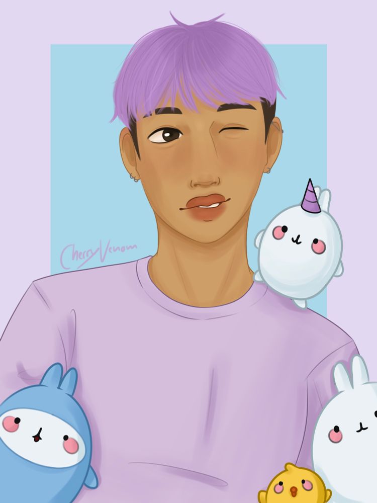 a digital drawing of Jacob, an oc by artfight user drxmwin.
it’s a bust up drawing of jacob, a guy with purple hair, surrounded by molang plushies. 