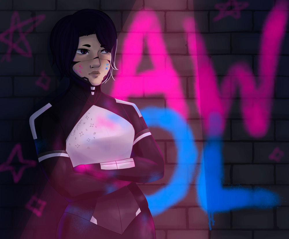 digital drawing of the character AWOL by artfight user Lynxfrost. she is an oc for the game signalis.
she has short black hair and a robot/cyborg body. her arms are crossed and she’s leaning against a brick wall that has “AWOL” sprayed on it in big pink and blue letters. she is also stained with pink and blue paint.