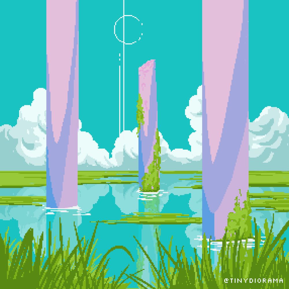 pixel art illustration of large obelisks in a wetlands - the reflection can be seen in the water. above them in the turquoise sky is a strange moon with a beacon in the middle.