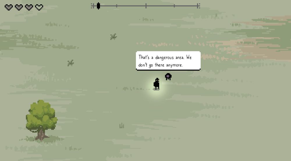 pixel art game screenshot with a small round npc saying, "that's a dangerous area. we don't go there anymore."