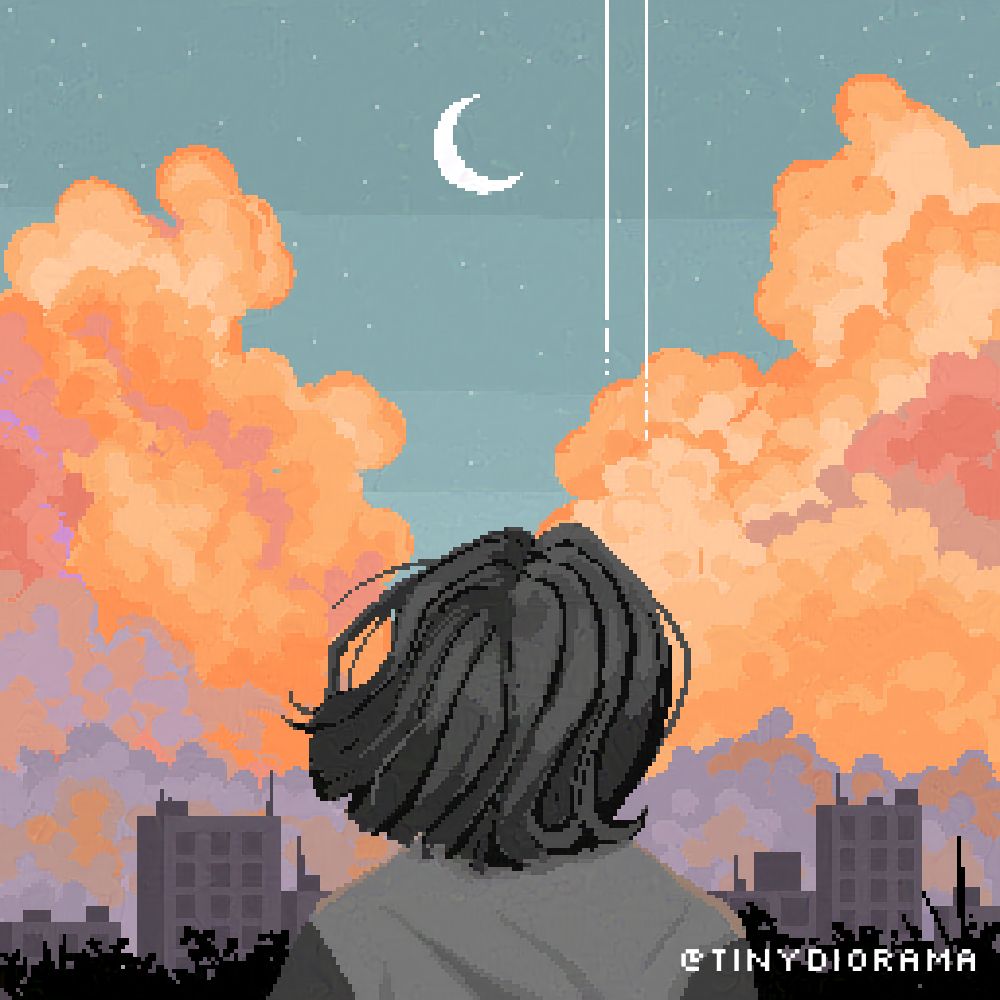 pixel art illustration of someone looking out over a city, with brilliant clouds and a moon. the person's back is facing us.
