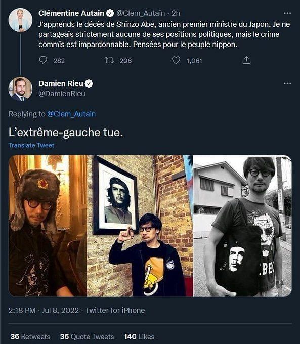 Capture d'un tweet ou Clémentine Autain relate la mort de Shinzo Abe, et Damien Rieu, génie cosmique, absolut même ! Répond en disant l'extrême gauche tue, avec des photos de Hideo Kojima, un producteur/designer de jeux vidéos, vêtu/accompagné de divers objets rappelant Che Guevara ou le communisme