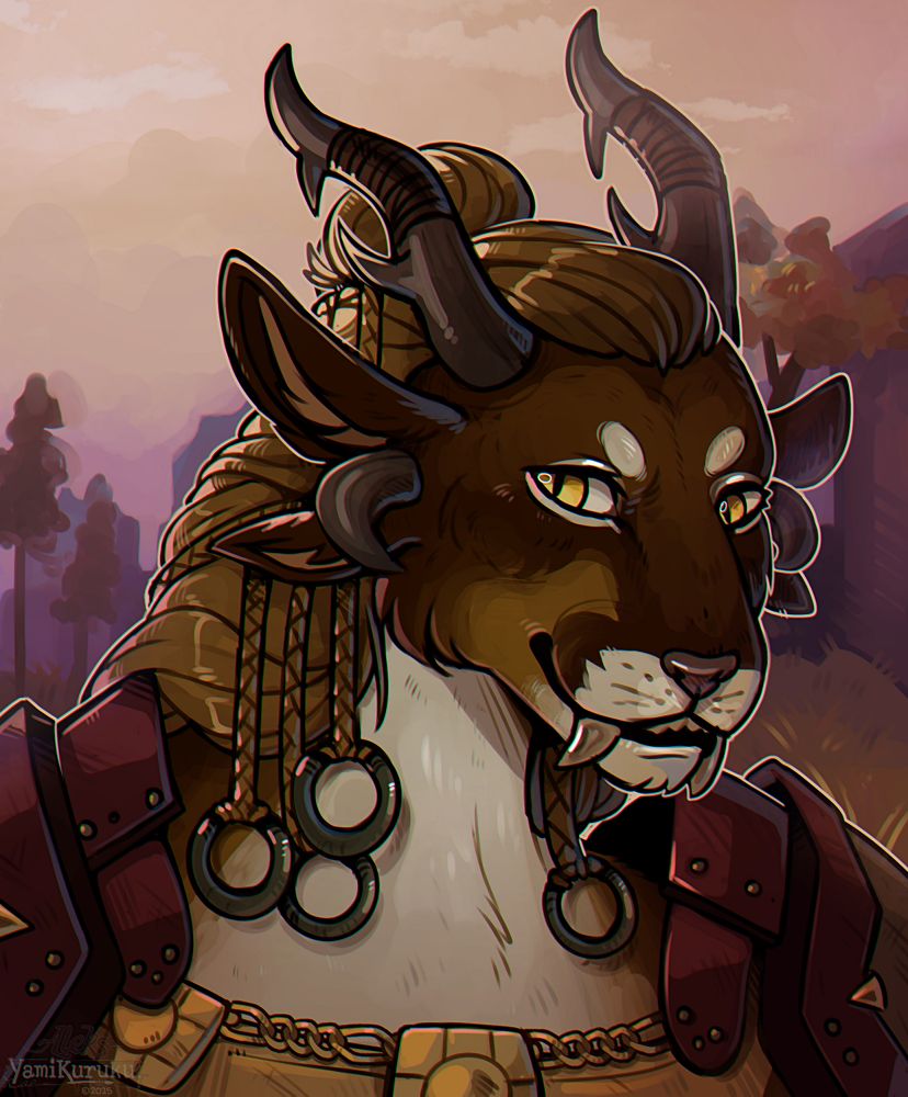 a portrait of Chaskana having a friendly but cautious expression, her head slightly tilted and looking to the side.
She has dark brown fur with a white snout and throat and Ochre colored hair which is tied to the back into a bun with three little braids on each side with round jewellery embedded into them.

Chaskana wears red and golden armor and the background is inspired by the charr starter maps, mostly ascalon.