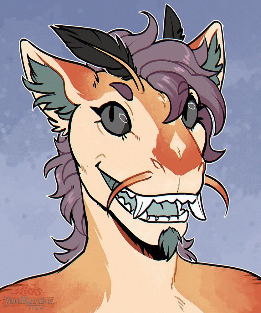 A portrait of a light orange Dragon with wavy purple hair. They have grey eyes and grey-blue ear and beard tufts. Their mouth is also a light blue. Instead of horns Banyong had moth like antennas and two short noodle dragon whiskers!
Original design by Xanthouransong ❤️