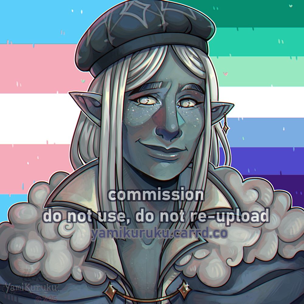 A digital rendered pride icon of a winter eladrin in a blue-white color scheme looking shy and unsure towards the viewer. They're wearing a hat, a floofy cloud-like coat and have white hair and white eyes.

The background has the trans and MLM flag as part of my lgbt/pride month offers!