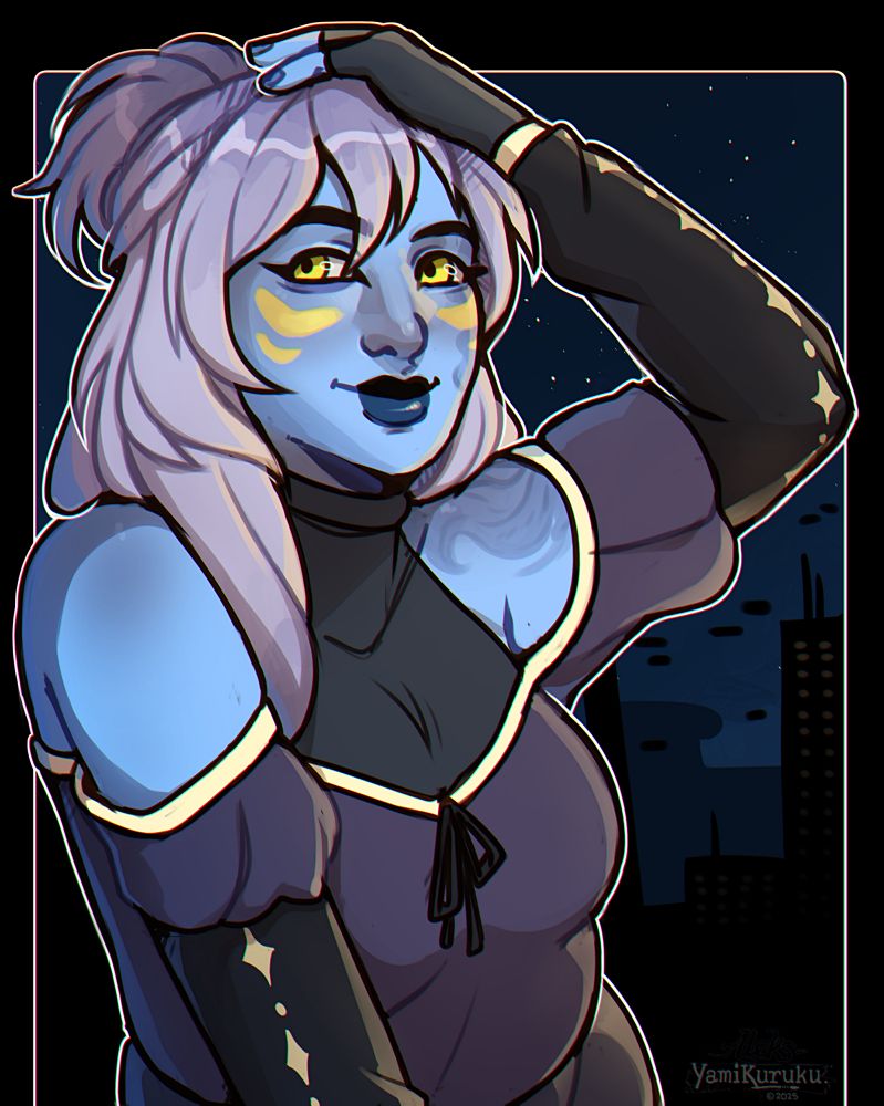 a halfbody drawing of Rinea Salo, a pantoran with light blue skin, yellow markings in her face and light purple hair and piercing yellow eyes. She is a bit chubby and wears purple and black clothes adorned with yellow highligts.

The background is a random futuristic city by night.