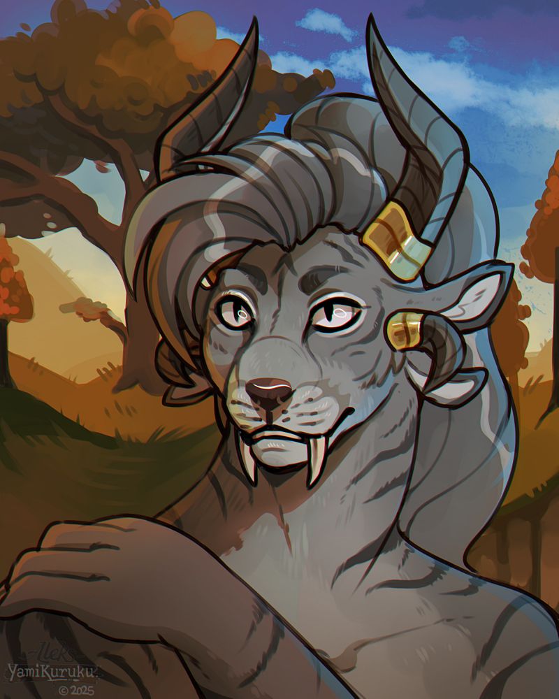 a portrait of Aisha Sharrpestclaw, a charr with white fur with dark grey tiger stripes. She has grey silvery hair that is tied into a ponytail and her bangs are falling to the right side. Aisha has white eyes.

She is looking past the viewer, her left paw resting on her right shoulder and seems to enjoy the peaceful environment, which is inspired by grothmar valley.
