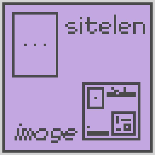A pixel art image on a 64x64 canvas of the toki pona word "sitelen" and its associated glyph on top. On the bottom is a rough English translation; the word "image" and a smaller picture of this image.
