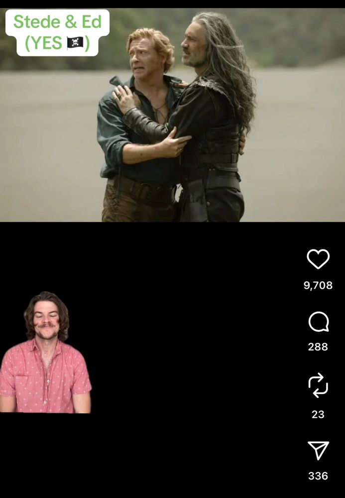Ed and Stede looking hot on the beach in 2x8 of OFMD. The caption reads: Stede & Ed (YES 🏴‍☠️) Connor, the guy who does “Is this good representation” is nodding sagely in the corner.