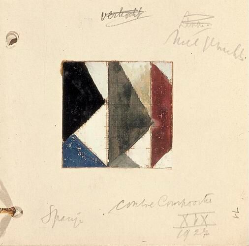 The artwork "Studie voor Contra compositie XIX" by Theo van Doesburg reflects the principles of De Stijl with its structured geometric forms and primary color palette. Created in 1924, this study explores dynamic asymmetry, a hallmark of Van Doesburg's approach to neoplasticism.