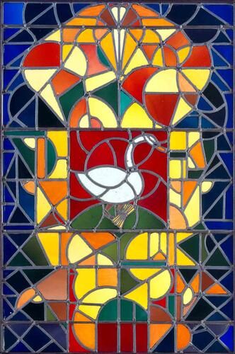"Leaded glass composition I" is a vibrant and geometric stained glass piece by Theo van Doesburg, showcasing his distinctive exploration of color and form. The intricately arranged shapes and bold hues reflect the principles of the De Stijl movement, emphasizing abstraction and harmony.