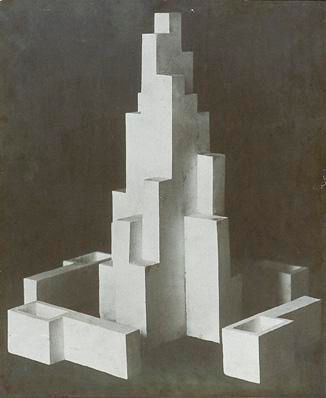 This artwork, "Design for Monument Leeuwarden," by Theo van Doesburg, showcases a geometric and abstract form indicative of the De Stijl movement. Van Doesburg's use of interlocking rectangular shapes reflects his interest in pure forms and the search for harmony through abstraction.