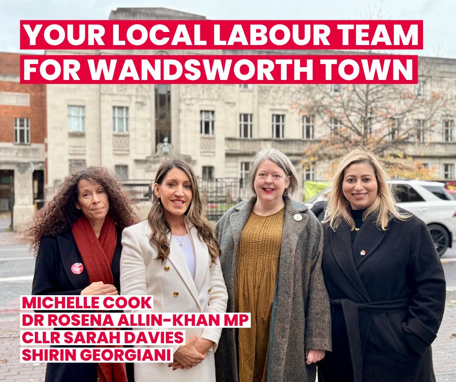 Michelle Cook, Dr Rosena Allin-Khan MP, Cllr Sarah Davies and Shirin Georgiani outside Wandsworth Town Hall.