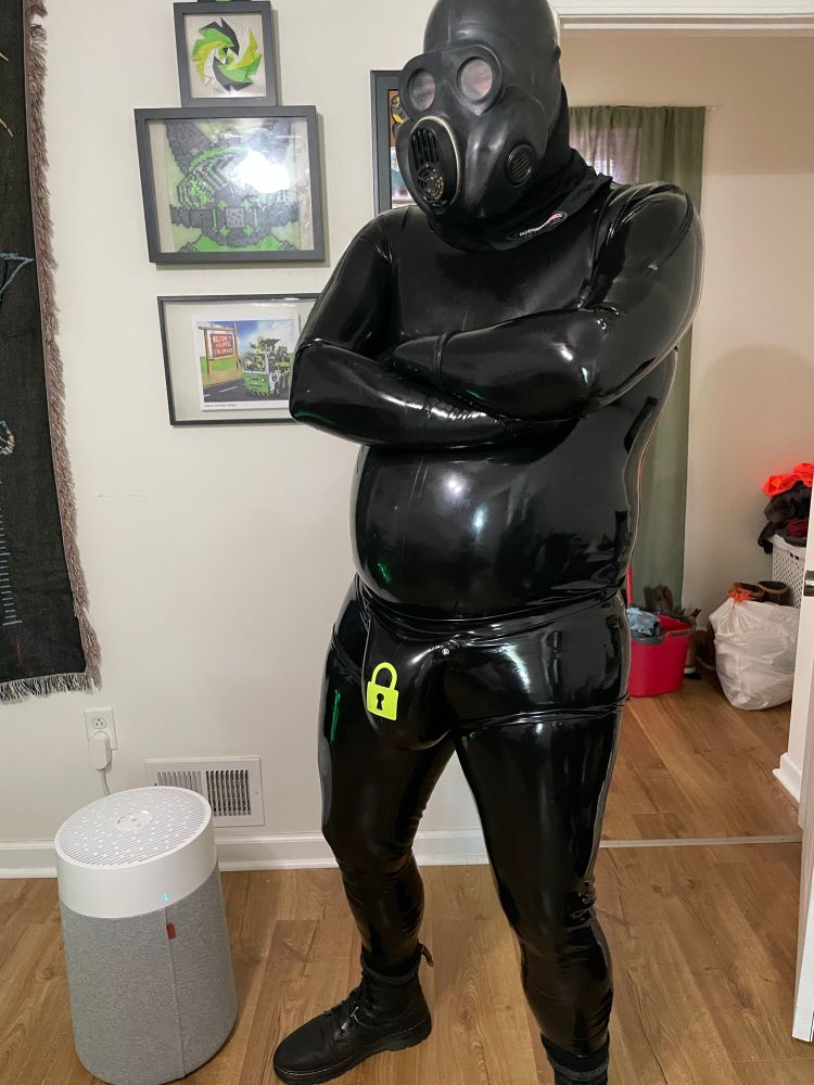 me in my latex suit and a gas mask