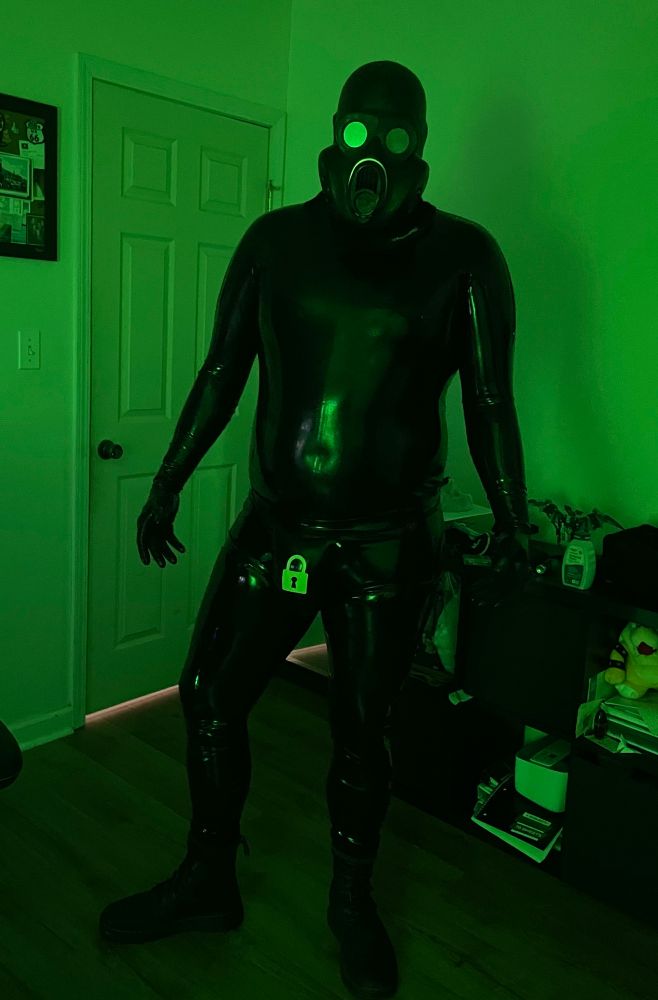 me in latex and a gas mask with null shorts