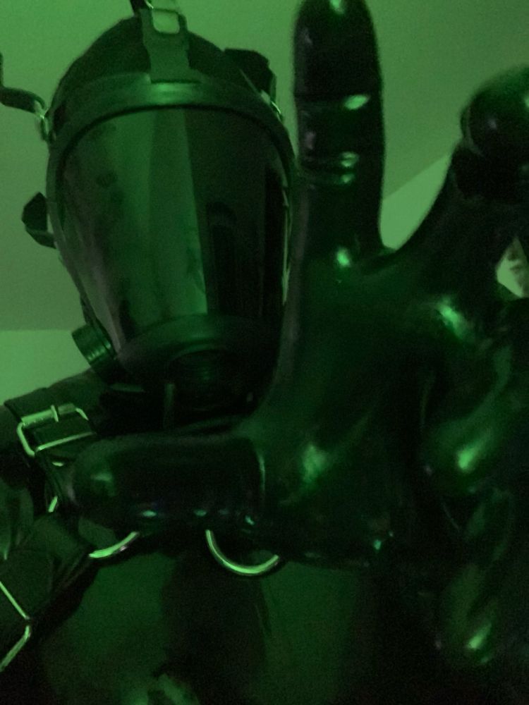 me in my latex suit as a drone with my survivair optifit mask