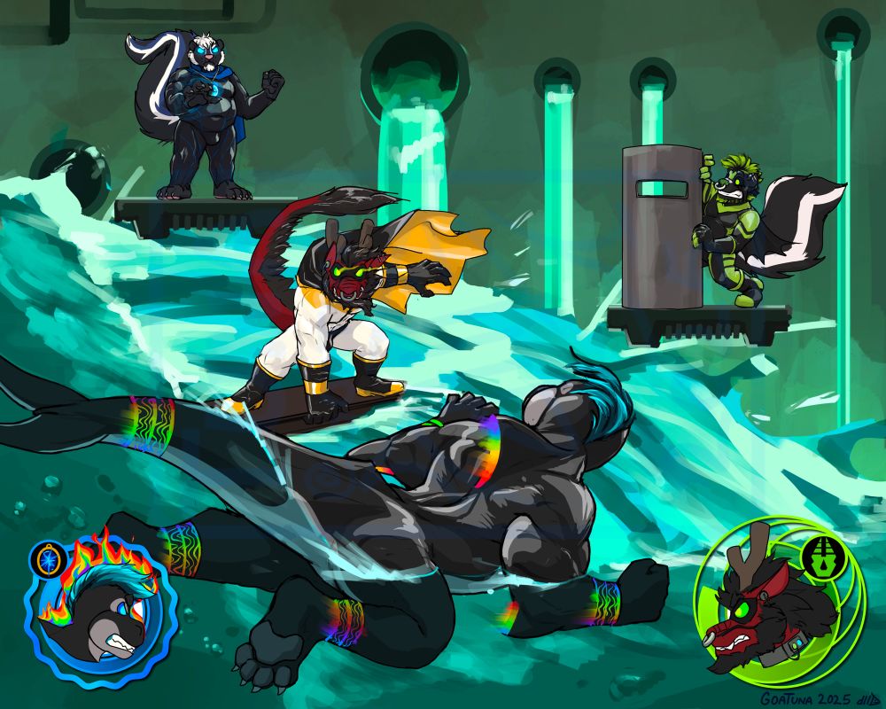 Here we have a battle of the hypnodoms! We have Blue controlling Splash with his powerful amulet. And against him is Penumbra controlling the Crimson Arc with not so subtle Penumbra Corp mind control gear.

Blue appears to have the battle under control, while Penumbra is hiding behind a riot shield, horrified by the powerful opponents dominating the battle arena. The arena falls into chaos as it floods with water (god knows where it's come from). Splash is naturally able to fight with the water, while the dragon uses a steel beam as a surfboard.