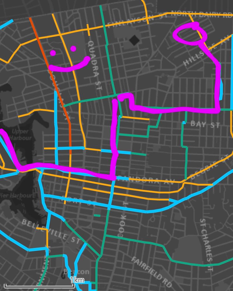 Map of Victoria AAA cycle network. Route marked from Hillside Mall down to Haultain going west to Vancouver going south to Pandora, then heading west across the bridge to the Galloping Goose.