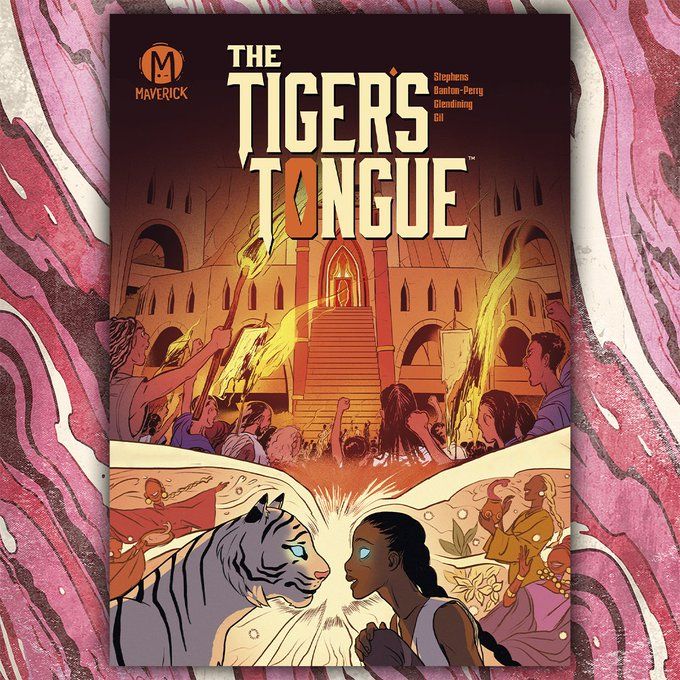 Cover art of "The Tigers Tongue" showcases the kingdom in the background with an angry mob at the end of the kingdom stairs. The top half of the cover is more orange-ish/red-ish to showcase the fire torches people are holding. There is a white break under the mob. Under this is one of the main characters, Kelindi. She has black long braids a white tank top. Her blue eye is glowing. She is on the bottom center of the cover. On the left center is the white tiger with a blue eye glowing to match Kelindi. Behind them are people celebrating and dancing. At the top center of the book is the title in a more pointed font. It is white with the "O" in the word "tongue" being orange. To the left of "tiger" is the people who worked on the comics, "Olivia Stephens, Diansakhu Banton-Perry, Bex Glendining, Joamette Gil" in orange