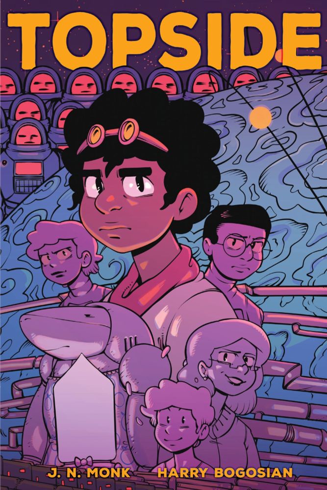 Cover art of the graphic Topside. The title is at the top in a yellow font in all caps. below the title are people in space suits some are covered by a light blue planet. The main character is in the center looking towards the reader. Jo has a black afro with googles, a red bandana and a white shirt. To her right is the main antagonist he has round glasses and an more rounded afro. To Jo's right is the second antagonist who has more of a curly bob. To the bottom left of Jo is a Shark robot who is another main character. To the bottom right is the second main character and has a girly bob with small square glasses her body is cut off by her son. Her son is bottom right and is a light purple with a short curly afro his entire body is covered. behind the main cast are grey pipes. all the characters have a light purple-ish hue.