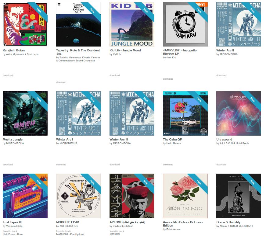 Album list:
Akira Miyazawa + Soul Leon - Karajishi Botan
Toshiko Yonekawa, Kiyoshi Yamaya & Contemporary Sound Orchestra - Tapestry: Koto & The Occident Sea
Kid Lib - Kid Lib - Jungle Mood
cover art
4am Kru - 4AMKVLP01 - Incognito Rhythm LP
MICROMECHA - Mecha Jungle
MICROMECHA - Winter Arc I-III
Hello Meteor - The Oahu GP
A.L.I.S.O.N & Hotel Pools - Ultrasound
cover art
KUF RECORDS - MODCHIP EP-01
modest by default - APLOMB (للعدو: ولا حتى العدل)
