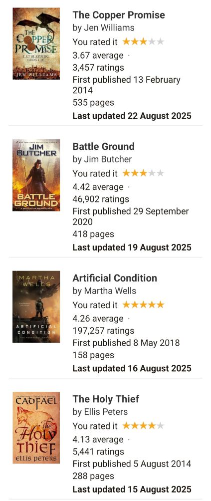 The Copper Promise by Jen Williams 3⭐️ Battle Ground by Jim Butcher 3⭐️ Artificial Condition by Martha Wells 5⭐️ The Holy Thief by Ellis Peters 4⭐️