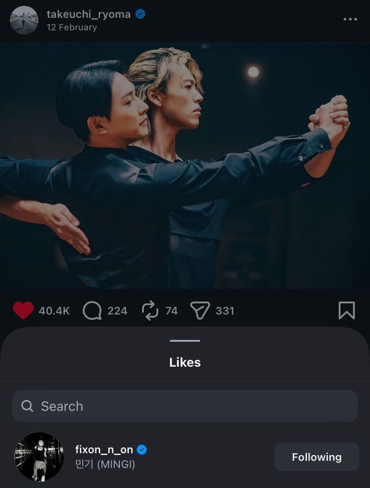 Mingi liking a post about 10Dance by one of the actors