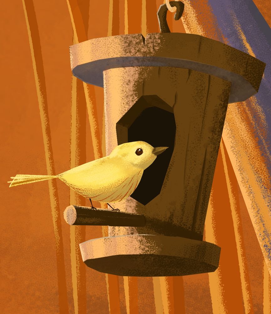 desenho de um passarinho pousado numa casinha de madeira