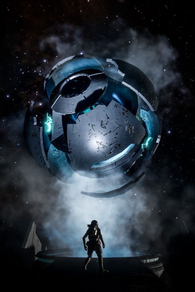 An Elite Dangerous commander standing in front of a glowing orb that has emerged from long dormant Guardian ruins.