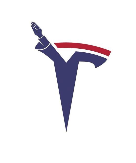 A graphic incorporating the Tesla logo with a stylized representation of Musk’s Nazi salute.