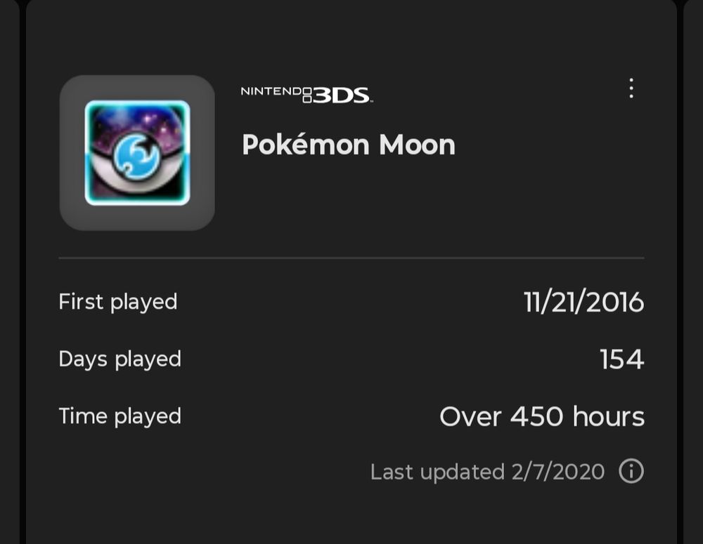 Pokémon Moon detail.

First played: 11/21/2016
Days played: 154
Time played: Over 450 hours