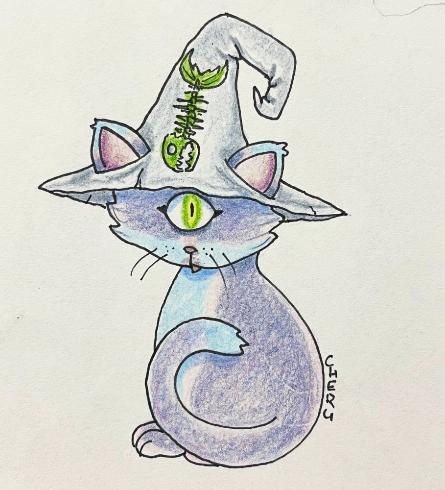 A cyclops cat in a well worn witch hat with a fish skeleton adorning it: the cat is shades of dark and light blue with muted pinks, it has a green eye, its hat is gray and the fish is green
