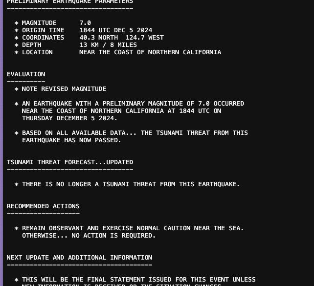 text tsunami warning system message indicating tsunami threat has passed at 11:45 am PST December 5, 2024