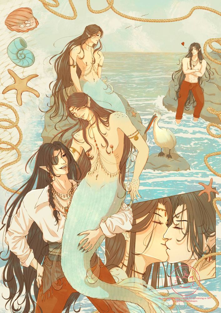 Ilustração com os personagens Hua Cheng e Xie Lian (TGCF) num cenário de pirata e príncipe tritão. Na parte superior, Xie Lian está sentado sobre uma pedra num mar calmo, olhando com timidez para Hua Cheng, que se encontra encostado em uma pedra próxima, sem camisa e piscando para seu querido príncipe, em outra pedra menor próxima ao Xie Lian pousa E-ming em forma de um pelicano crespo.
Na parte inferior direita há um painel com close nos Hualian se beijando.
Na parte inferior esquerda, Hua Cheng segura Xie Lian sobre seu ombro direito, com o braço circulando a cauda azul claro de Xie Lian. Eles estão sorrindo um para o outro de forma divertida.
Ao redor da ilustração há cordas enroladas e elementos marinhos (conchas e estrelas do mar) emoldurando o cenário.