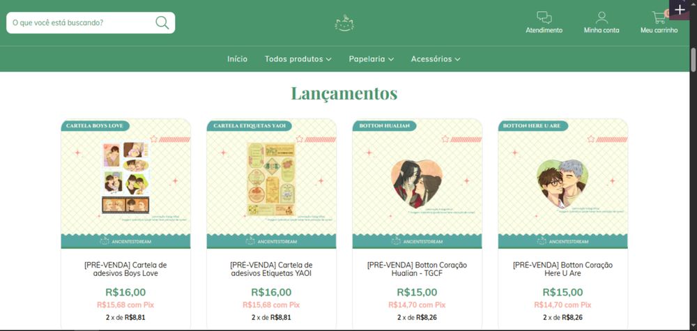 Screenshot da pagina inicial da loja, com alguns itens de lançamento