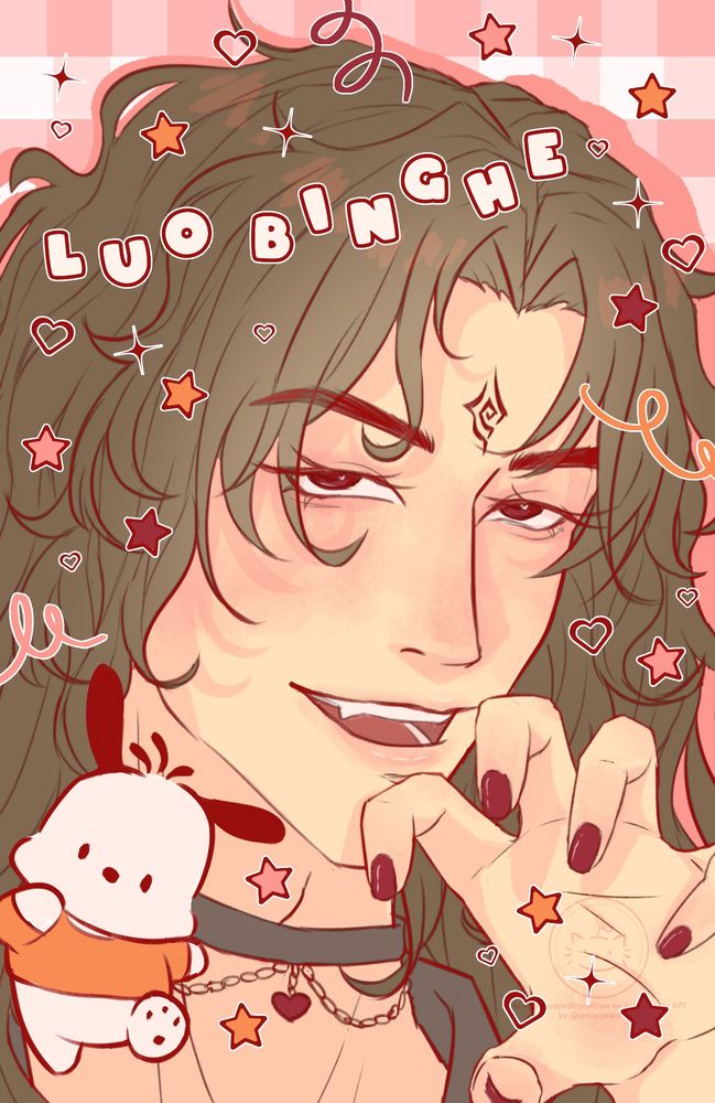 Ilustração de photocard do Luo Binghe (SVSSS) com estrelinhas, corações e Pocchaco (Sanrio). O personagem tá fazendo garrinha com a mão 