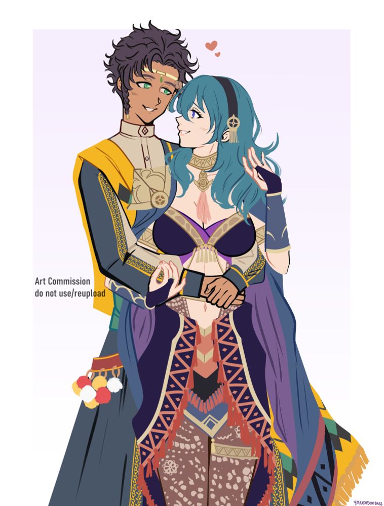 art commission flat color 3/4 of byleth x claude from fe3h, dressed in feh alts. 