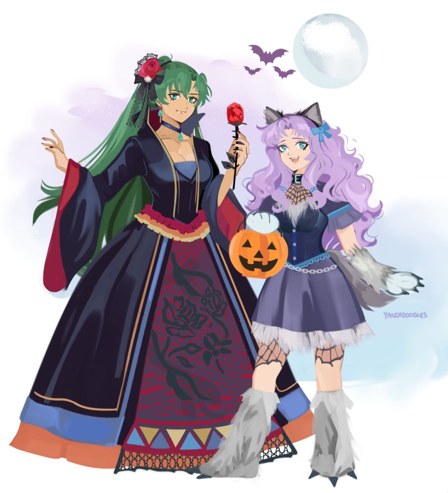 fanart of fire emblem blazing blade lyn and florina. lyn is dressed as a vampire in a gothic victorian dress and a rose headband, her hair is partially down, she's holding one of those tinfoil chocolate roses. florina is dressed as a werewolf wearing a dark blue dress, it has chains for a belt and spider web themed lacing, also fluffy boots/paws with claws and fluffy ears.