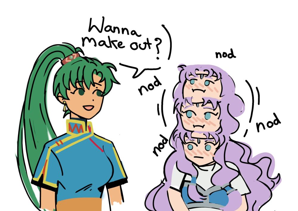 fanart phone doodle of fire emblem blazing blade lyn and florina. it's a meme redraw. lyn asks "wanna make out?" and florina nods enthusiastically.