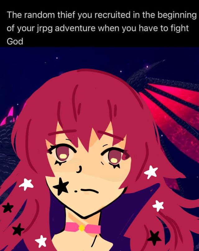 yunaka from fire emblem engage meme redraw. it's the meme that goes "The random thief you recruited in the beginning of your jrpg adventure when you have to fight God"