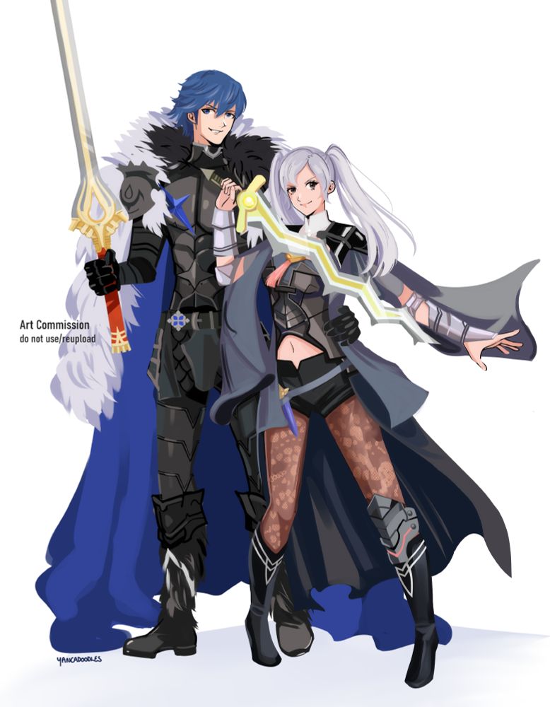 art commission of fire emblem awakening chrom and female robin. they are both dressed as post-timeskip dimitri and byleth. both of them are smiling and holding their own original weapons, falchion and levin sword. chrom also has his hand on her waist and robin is notably in f!byleth's smash bros pose render.  