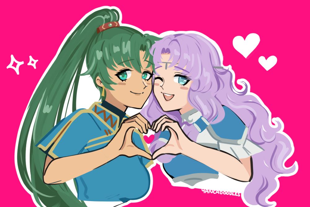 fanart of fire emblem blazing blade lyn x florina. they are making a heart together with their hands.