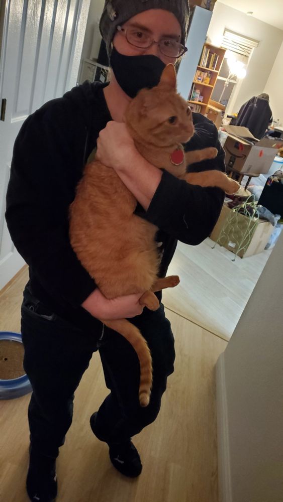 The same man in the previous picture holding the same orange cat who is now MUCH larger.