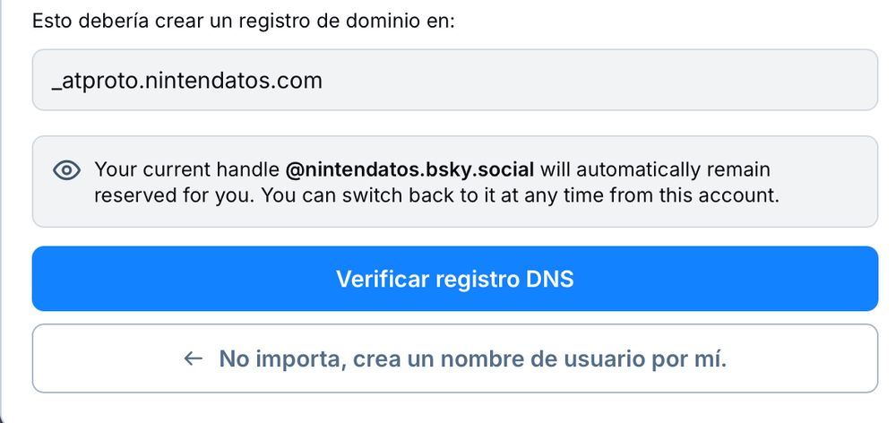 Página de registro de usuario que confirma que se reserva el usuario acabado en bsky.social