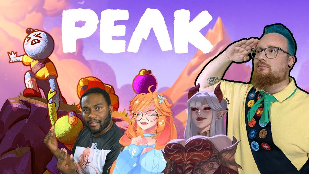 photo of warwick in a scout outfit with evanit0, vyne and catt photoshopped over an image from the game 'PEAK'