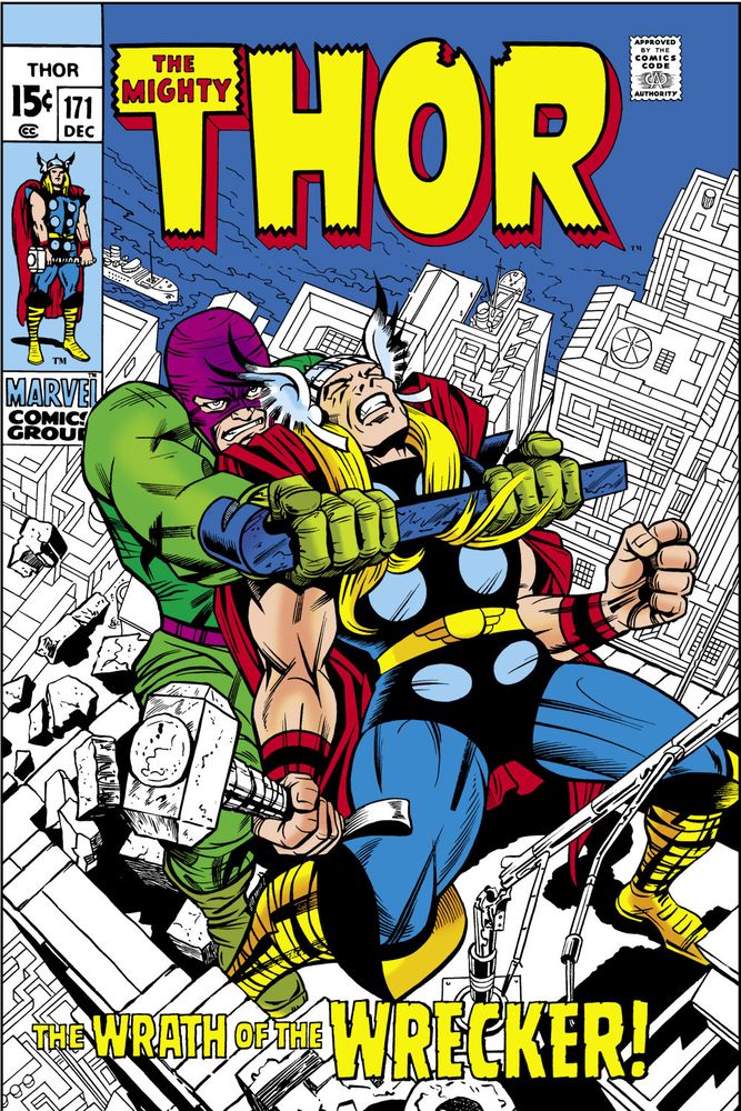 cover to Thor 171, The Wrecker is behind Thor, crushing his chest with his wrecking bar, in a high angle over a city scape. 