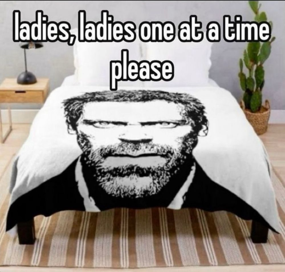A bed with a Dr. House comforter on it
Text at the top of the image reads: “ladies, ladies one at a time please”